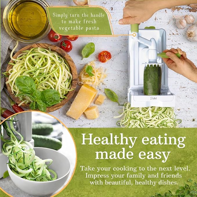 Brieftons 7-Blade Vegetable Spiralizer: Zucchini Spiral Slicer & Veggie Noodle Maker, Japanese Steel Blades, Catch Container, Strong Suction Cup, Blade Caddy, 4 eBooks | Low Carb, Vegan, Gluten-Free
