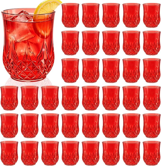 40 Pack Plastic Stemless Wine Glasses,12oz Unbreakable Vintage Elegant Drinking Glass Set,Reusable Fancy Cocktail Cups for Party, Wedding, and Bulk Events (40, 12oz-Red)
