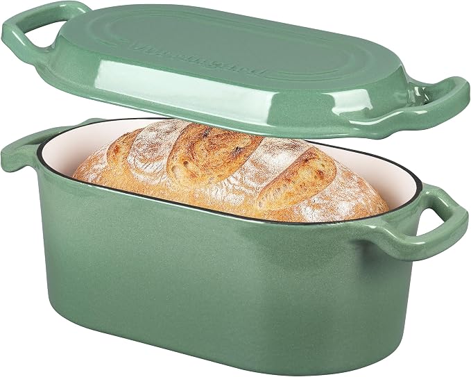 VORRINGARD Oval Dutch Oven Pot with Lid, Enamel Coating Cast Iron Bread Pans for Homemade Sourdough Bread Baking, Cooking, 4 Quart, Sage Green