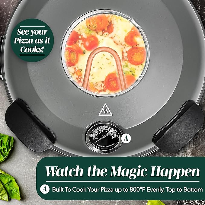 Cook With Color Electric Countertop Pizza Oven, Indoor Crispy Crust Pizza Maker, 12 Inch Pizza Oven with Ceramic Stone, Heats up to 800°F, Dual Temperature Control, Includes Pizza Peel, Gunmetal Gray