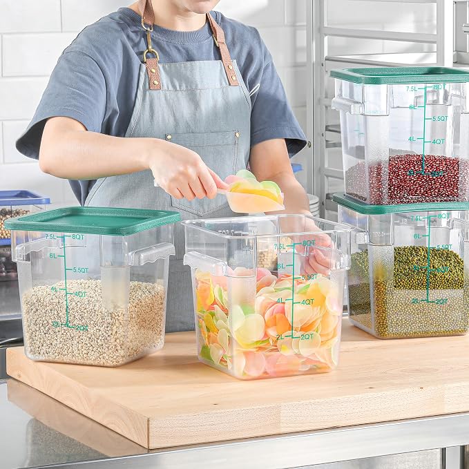 EGGKITPO 4 Pack 8 QT Food Storage Containers with Green Lids Handle and Scarle Stackable Clear Square Commercial Container Set For Dough Proofing Home Restaurant Kitchen Supply BPA-Free Polycarbonate