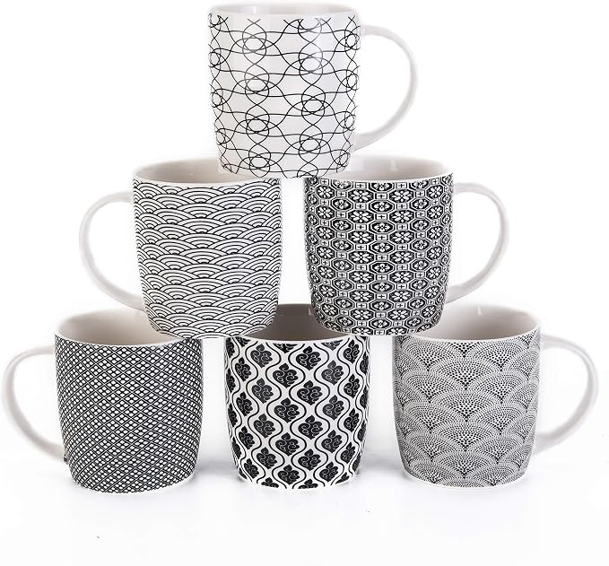 Set of 6 11.5 oz Coffee Mugs with Black and White Geometric Patterns, Ceramic Tea Cup Set