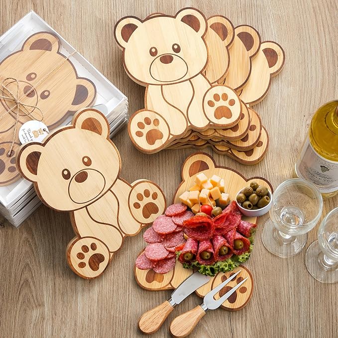 Ziliny 12 Set Baby Shower Prizes Bear Shaped Cheese Board with Cheese Knives and Forks Baby Shower Party Favors Gift Box for Wedding Bridal Birthday Gender Reveal Favor (Bamboo Color)