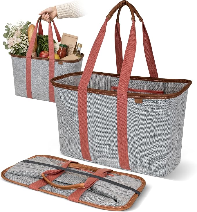 CleverMade Collapsible LUXE Tote, 30L Foldable Grocery Shopping Bag, Reusable