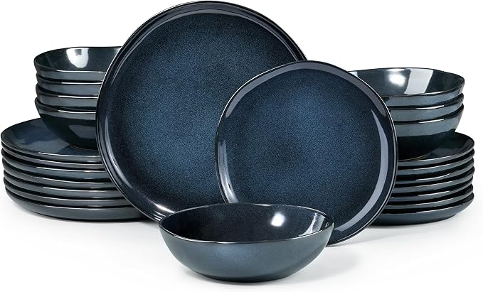 HaWare Plates and Bowls Set, Stoneware Dinnerware Sets, 24-Piece Hand-painted Dishware for 8, Ceramic Dinner Set for Home Kitchen, Microwave and Dishwasher Safe, Reactive Starry Blue