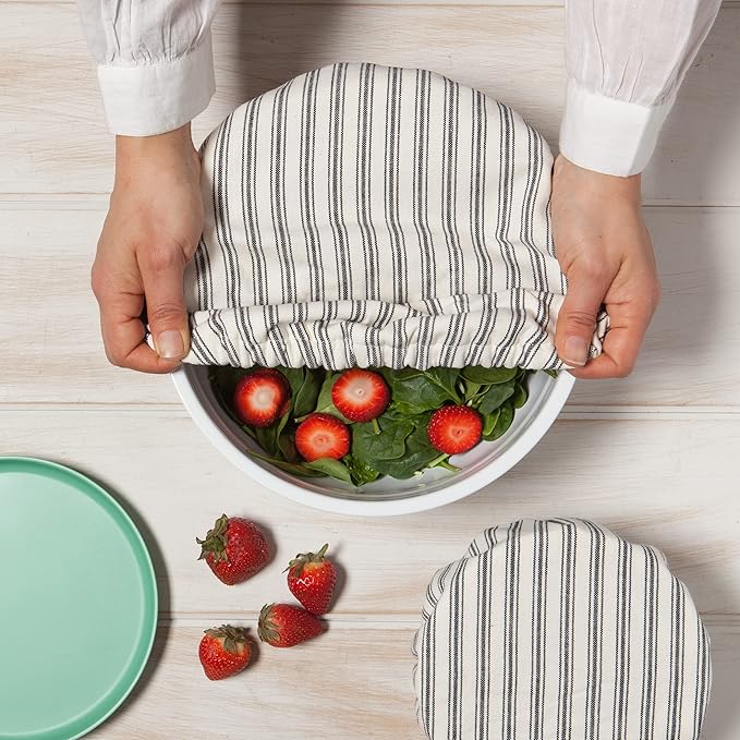 Now Designs Reusable Bowl Cover to Reduce Waste, Ticking Stripe - Large & Medium | Set of 2