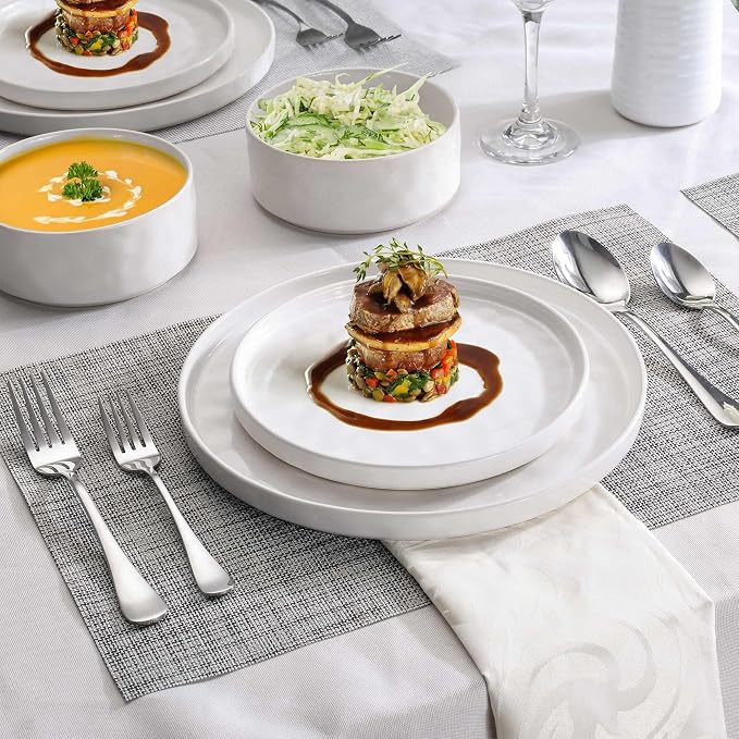 LIANYU Stoneware Dinnerware Sets, 12 Piece Plates and Bowls Dish Set for 4, Kitchen Speckled Dinner Ware Dining Dishware, Microwave & Dishwasher Safe, Polar White