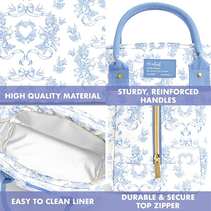 Fit & Fresh Bloomington Lunch Bag for Women - Insulated Large Lunch Box for Work with Containers, Leak-Resistant, Stain-Resistant, Zipper Closure, Blue Cupid Bows