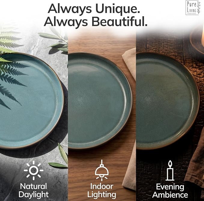 32 Piece Stoneware Dinnerware Set for 8 - Handmade Reactive Glaze Plates and Bowls Set - Chip & Scratch Resistant Dish Set - Dishwasher Microwave Safe - Dark Petrol Blue