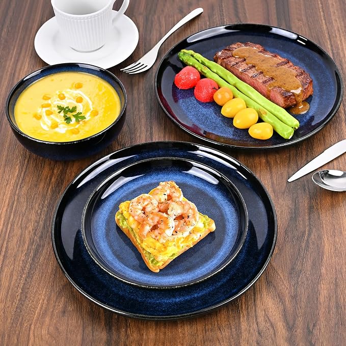 Porcelain Plates and Bowls Set for 4, 16 Pcs Ceramic Blue Reactive Glaze Dinnerware Set with Pasta Bowls, Kitchen Dish Set with Double Bowls, Microwave and Dishwasher Safe