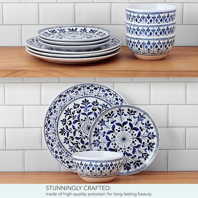 Pfaltzgraff Medallion Radiance 12 Piece Stoneware Dinnerware Plate Bowl Dish Set, Service for 4, Blue