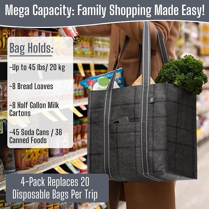 VENO 4 Pack Reusable Grocery Bags with Hard Bottom, Heavy-Duty Shopping Bags for Shopping Cart (Windowpane, 4 Pack)