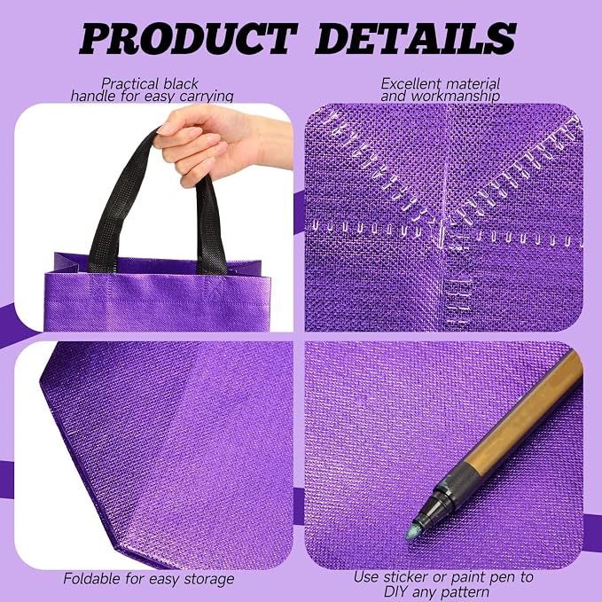 Eccliy Reusable Gift Bags Set Glossy Grocery Gift Tote Bag with Handle for Wedding, Bridal Shower, 4th of July, Summer Event(10 x 8 x 4.7 Inch,Purple with Black Handles,80 Pcs)