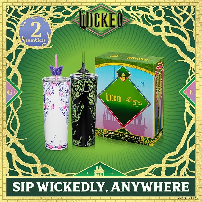 Dragon Glassware x Wicked: For Good 2-Pack 24 oz Vacuum Insulated Tumbler with Lid and Straw - Set of 2 Tumblers with 4 Straws and Toppers - Official Wicked Merch - Shadows