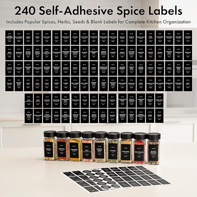 EDELHAUS® Square Spice Jars with Bamboo Wooden Lid (Pack of 24) Spice Jars with Shaker Insert and 240 Labels - Bamboo Lid Glass Container for Spice Organisation [4.3 in × 1.8 in]