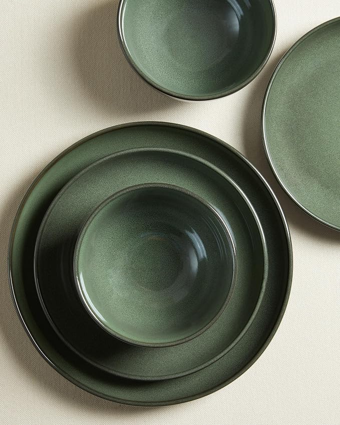 Pokini Stoneware Dinnerware Sets for 6, 18 Piece Microwave Safe Plate and Bowl Set, Easy to Clean & Durable Dishes Sets for Small to Medium Families, Forest Green