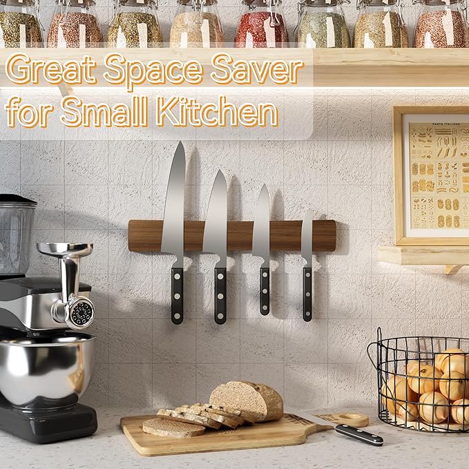 Magnetic Knife Holder for Wall, Acacia Wood Knife Magnetic Strip No Drill Knife Magnet Storage Bar Magnetic Tool Key Holder Strip for Kitchen Utensil Organizer (Dark Brown, 16 Inch)