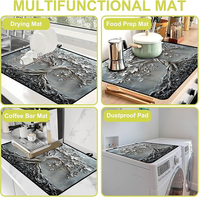 Glass stove top cover 28"x 20", Stove Top Covers for Electric Stove, Flat Range Mat for Glass Cooktop, Kitchen Heat-Resistant Protector Non-Slip Drying Mat (Silver Tree of Life)