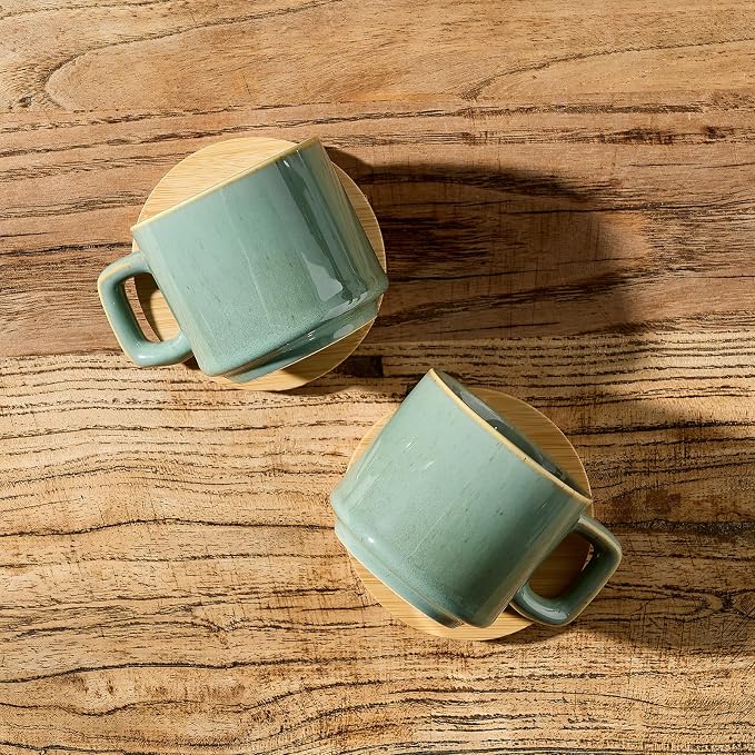LUKA Porcelain Stackable Espresso Cups with Saucers and Metal Stand, 4 Ounce Small Ceramic Demitasse Cups Set for Latte, Specialty Coffee Drinks, Cafe Mocha,Tea - Set of 4, Wild Sage Earth