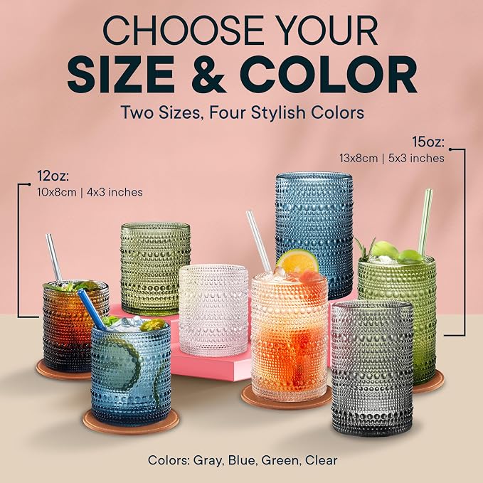 15 OZ Hobnail Drinking Set, Cornflower Blue, 12-Piece | Vintage Embossed Glassware, Textured Tumblers, Includes Straws and Coasters, For Water, Beer, Cocktails, Whiskey