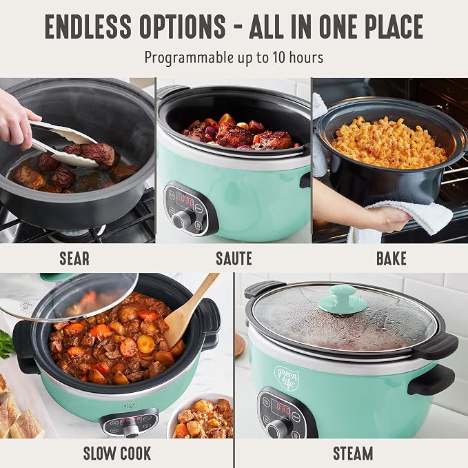 GreenLife 6QT Ceramic Slow Cooker, PFAS-Free, Programmable, Removable Healthy Nonstick Pot for Family Meals, Sear on Stovetop, Keep Warm, Digital Timer, Dishwasher Safe Crock, Turquoise