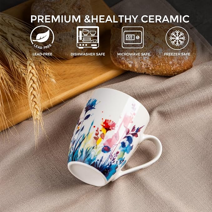 GBhome 12oz Coffee Mugs Set fo 6, Ceramic Coffee Mugs with Decaled Flowers for Man Woman Mom Dad, Light Weight Coffee Mugs Set for Latte/Cappuccino/Cocoa/Milk, Dishwasher & Microwave Safe
