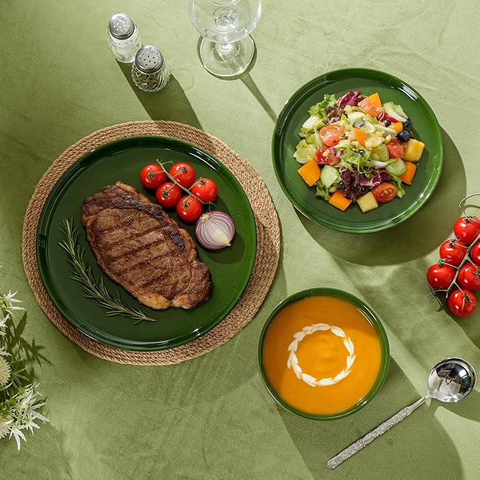 12 Piece Ceramic Plates and Bowls Sets for 4, Elegant Green | Stoneware Dinnerware Set, Dishwasher & Microwave Safe, Handcrafted, Perfect for Family and Gatherings
