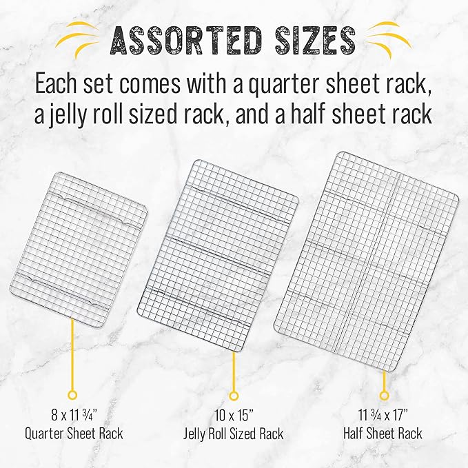 Checkered Chef Cooling Rack, Set of 3, Stainless Steel | Grid Wire Design, Oven Safe, Dishwasher Safe, For Cooking and Baking