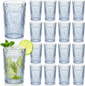 24 Pcs 16 oz Plastic Vintage Drinking Glasses Stemless Ribbed Highball Glasses Bulk Embossed Reusable Cup for Water Beer Cocktails Juice Wedding Bridal Shower Birthday Event Party (Blue)