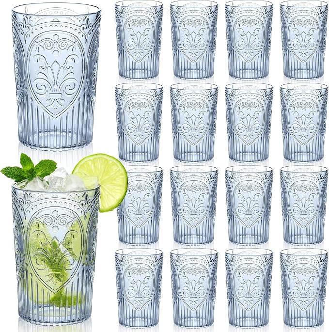 24 Pcs 16 oz Plastic Vintage Drinking Glasses Stemless Ribbed Highball Glasses Bulk Embossed Reusable Cup for Water Beer Cocktails Juice Wedding Bridal Shower Birthday Event Party (Blue)