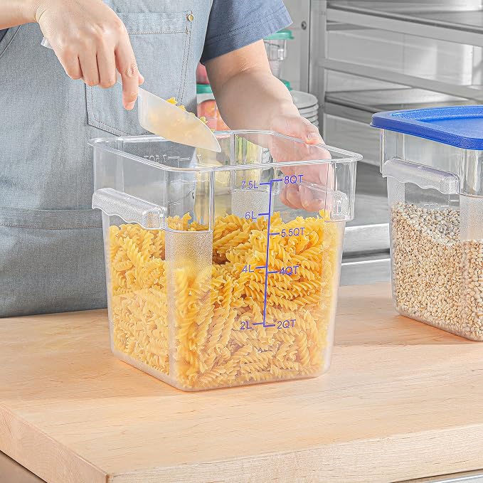 EGGKITPO 8 QT Set of 4 Food Storage Containers with Blue Lids Handle and Scarle Stackable Clear Square Commercial Container Set For Dough Proofing Home Restaurant Kitchen Supply BPA-Free Polycarbonate