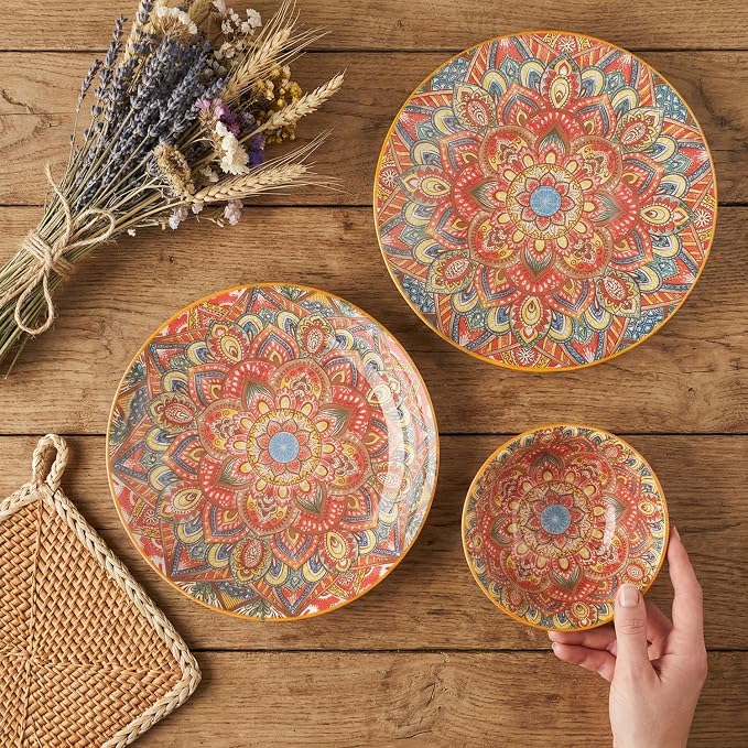 YA JU Mandala Dinnerware Sets (12 Pcs) Serves 4, Buffet Dinnerware, Boho Plates and Bowls Dish Set with 8" salad Plate 8" Dessert Plate 4.8" bowl, apply Casual dining Indoor Outdoor Dining Party