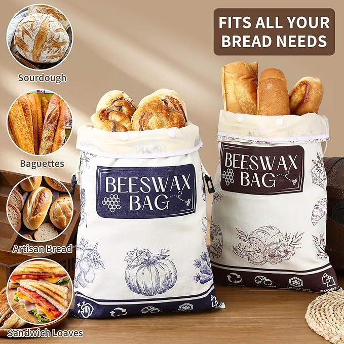 2 Pack Organic Beeswax Bread Bags for Bread & Sourdough, XL Organic Linen Reusable Bread Storage Bag with Removable Double Bags for Easy Cleaning, Food-Safe, Plastic-Free, Keeps Bakes Fresh Longer | Reusable, Non-Plastic, Removable Bags, Eco-Friendly