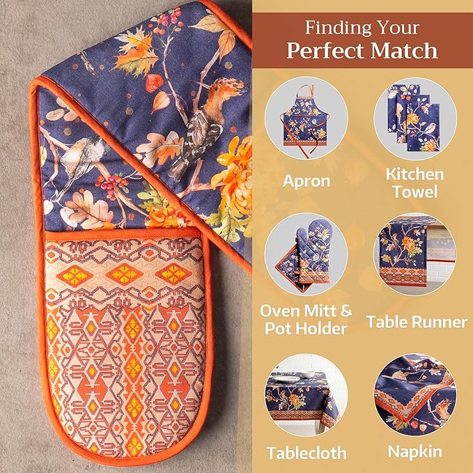Maison d' Hermine Double Oven Mitt (7" x 35") 100% Cotton Heat Resistant BBQ Cooking Gloves with Loop for Thanksgiving Christmas Decorations Baking Cooking Barbeque Handling Hot Pan (Kelim - Infinity)