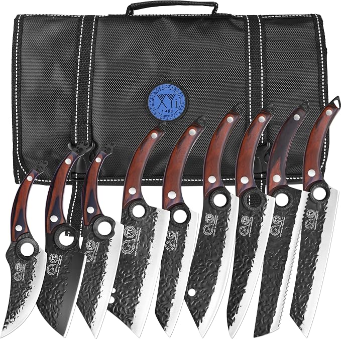 XYJ Professional Kitchen Knife Set with High-Carbon Steel Forged Blades, Chef's Knife, Cleaver, Carving Knife, Nakiri, Full Tang Design, Includes Carrying Bag & Poultry Scissors