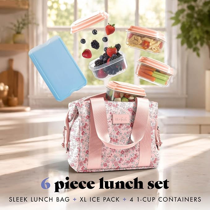 Fit & Fresh Remi Lunch Bag for Women Work – Neoprene Lunch Tote with Containers & Ice Pack, Reusable Meal Prep Lunch Box, Large Capacity, Machine Washable