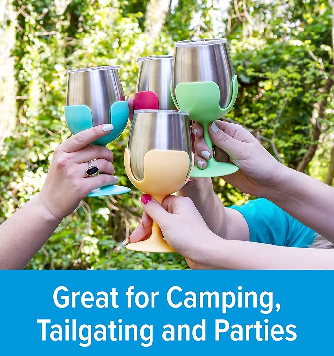 Camco Life is Better at The Campsite Wine Tumbler | Heavy Duty Double Wall Vacuum Insulation | Crafted of 18/8 Stainless Steel | Removable Green, Yellow, Blue & Pink Stems | 4-Pk, 8-oz/Each (53068)