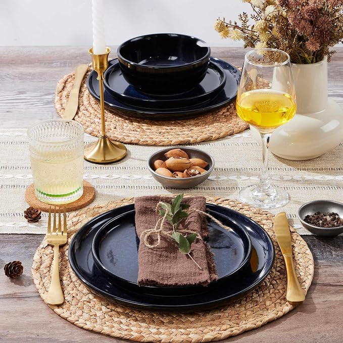 LIANYU Ceramic Plates and Bowls for 4, 12 Piece Modern Porcelain Dinnerware Dishes Sets, Chip and Scratch Resistant Dishware Set, Dishwasher & Microwave Safe Stoneware Set, Midnight Blue