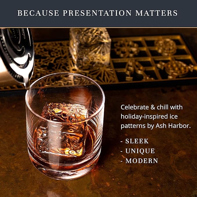 Clear Ice Cube Maker Design Tray - Craft Modern Ice Molds for Bourbon & Cocktails in 5 Seconds - Whiskey Mold Cube Stamp – Bartender Accessories - Copper Ice Press Cocktails by Ash Harbor (Holidays)
