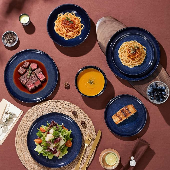 LIANYU Stoneware Dinnerware Sets with Pasta Bowls, 16 Piece Plates and Bowls Dishes Set for 4, Dishwasher Safe Dining Ware Dishware for Home Kitchen, Microwave Safe, Midnight Blue