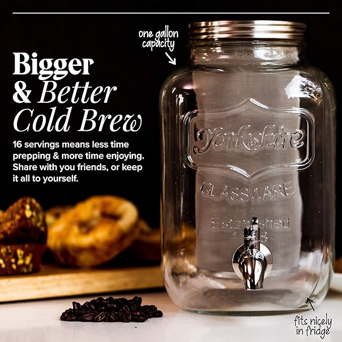 Willow & Everett Cold Brew Coffee & Iced-Tea Maker Pitcher, 1 Gal Glass Dispenser w/Metal Spigot & Mesh Filter Iced Coffee & Sun Tea Brewing System