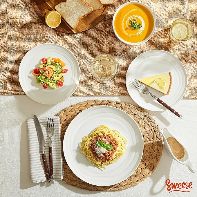 Sweese Porcelain Dinnerware Sets for 6, 18 Pieces Plates and Bowls Sets, Handcrafted Minimalist Dinner Set, Chip and Scratch Resistant Dish Set, Dishwasher & Microwave Safe, White