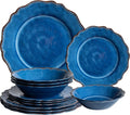 LEHAHA 12 Piece Rustic Farmhouse Luxury Melamine Dinnerware Sets, Thick Unbreakable but Lightweight Plates and Bowls Set, Vintage Spring and Summer Camping Dishes Set, Dishwasher Safe, blue