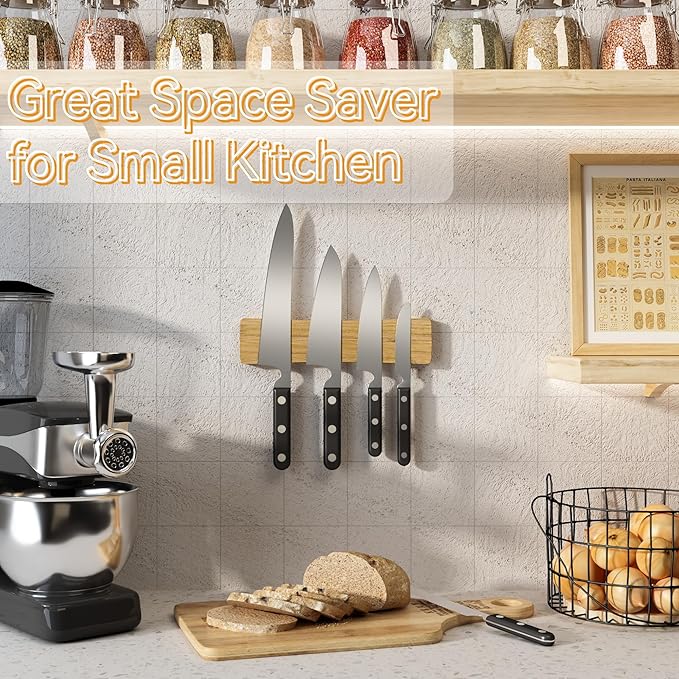Magnetic Knife Holder for Wall, 10" Acacia Wood Knife Magnetic Strip No Drill Knife Magnet Storage Bar Magnetic Tool Key Holder Strip for Wall Use as Knife Rack for Kitchen Utensil Organizer Natural