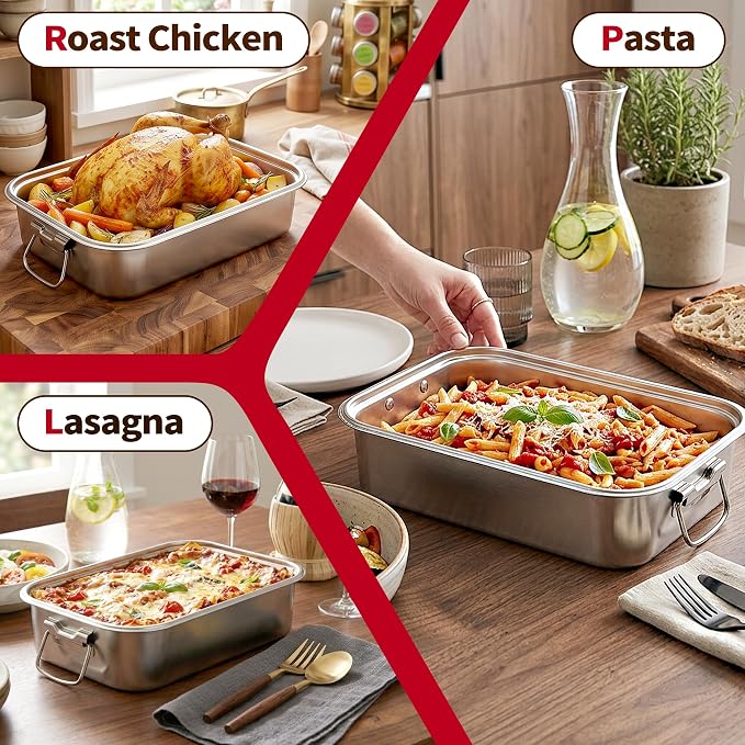 Extra Deep Stainless Steel Lasagna Pan with Loop Handles & Lid, 14 x 9.9 x 4 Inch, 6.3 QT Large Casserole Baking Dish, Oven Safe Heavy Duty Baking & Roasting Pan for Meal Prep & Storage