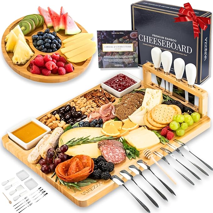 Large Charcuterie Boards Set: Bamboo Cheese Board and Knife Set- Unique for Mom 10 Entertaining Accessories, Christmas and Wedding Gifts for Couple, House Warming New Home