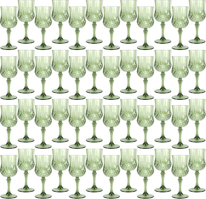 Plastic Wine Glasses, Plastic Goblets Vintage Style Cordial Unbreakable Drinking Glasses, Reusable Drinkware for Wedding Reception, Grand Event Party Supplies (48, New Green)