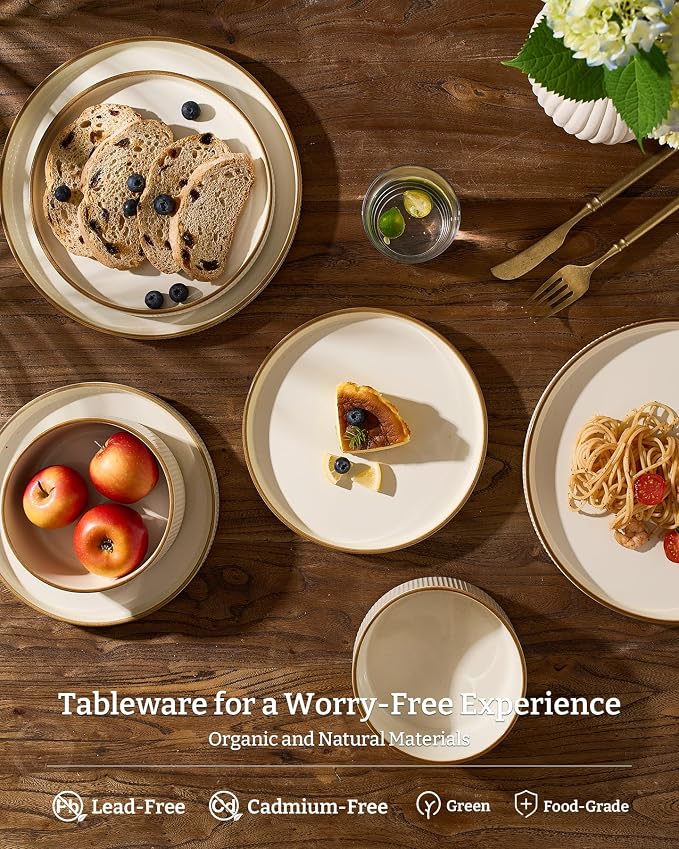 Famiware Star 16-Piece Stoneware Dinnerware Sets with Trim, Service for 4 - Shallow Pasta Bowls & Flat Plates, Modern Rustic Ribbed Dishes, Chip & Scratch Resistant, Microwave & Dishwasher Safe, Cream