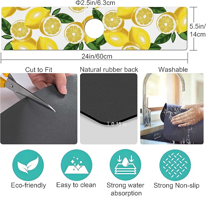 Kitchen Sink Splash Guard Faucet Mat Super Absorbent Fast Drying Mat Sink Gadgets Splash Guard Behind Faucet Drip Catcher for Kitchen (Lemon-1, 23.5x5.5in)