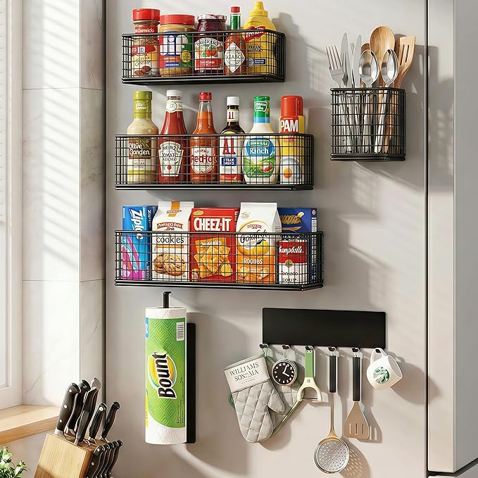 Magnetic Spice Rack Refrigerator,Include Paper Towel Holder And Hooks, For Traeger Grills Of Washing Machine Side (Black, 6-Pack)